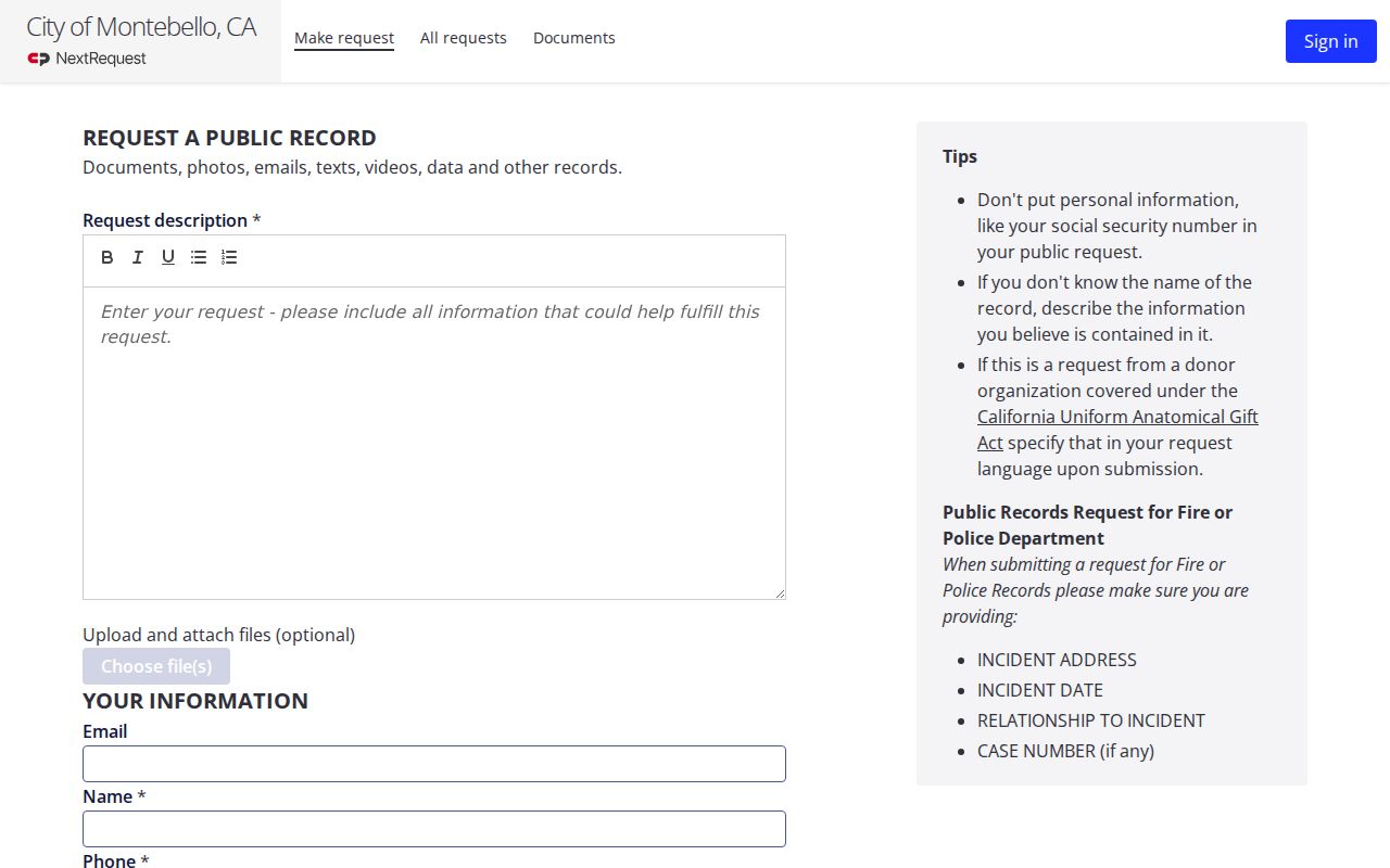 Montebello people search public records request form in NextRequest