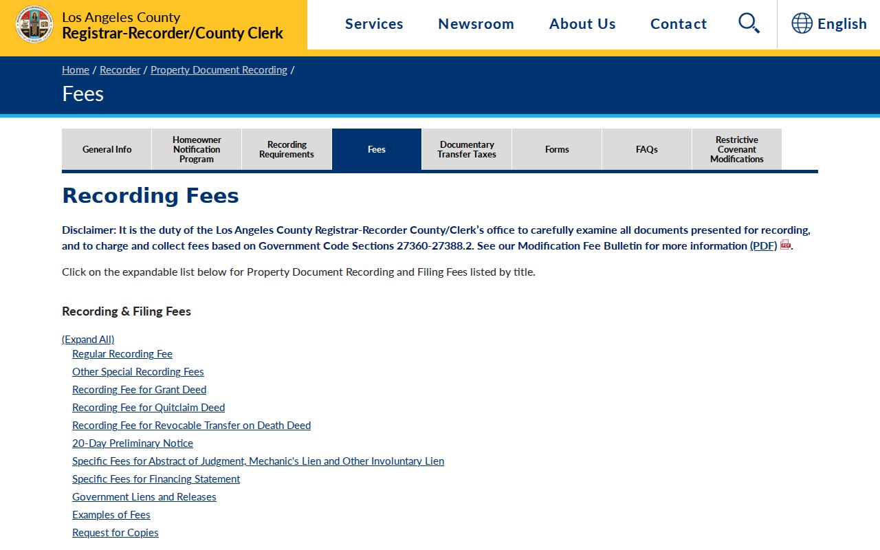 Official copy fees for Montebello public records at the county Recorder