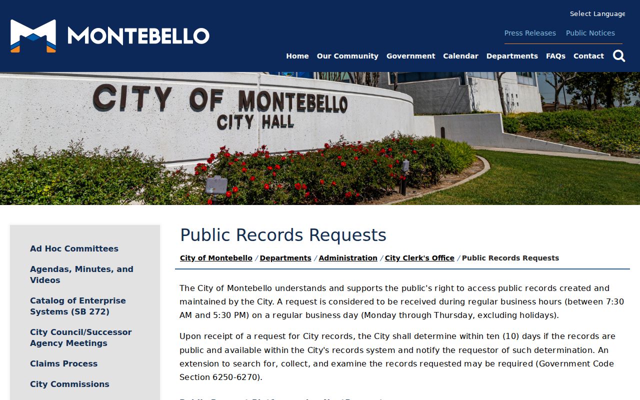 Montebello public records request page and City Clerk access channel