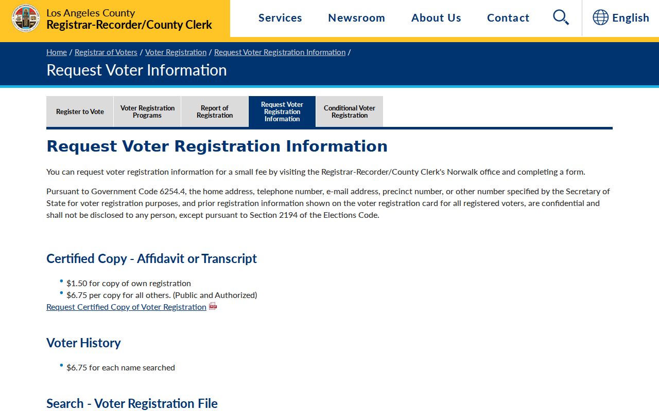 Montebello voter registration information request fees and confidentiality notice